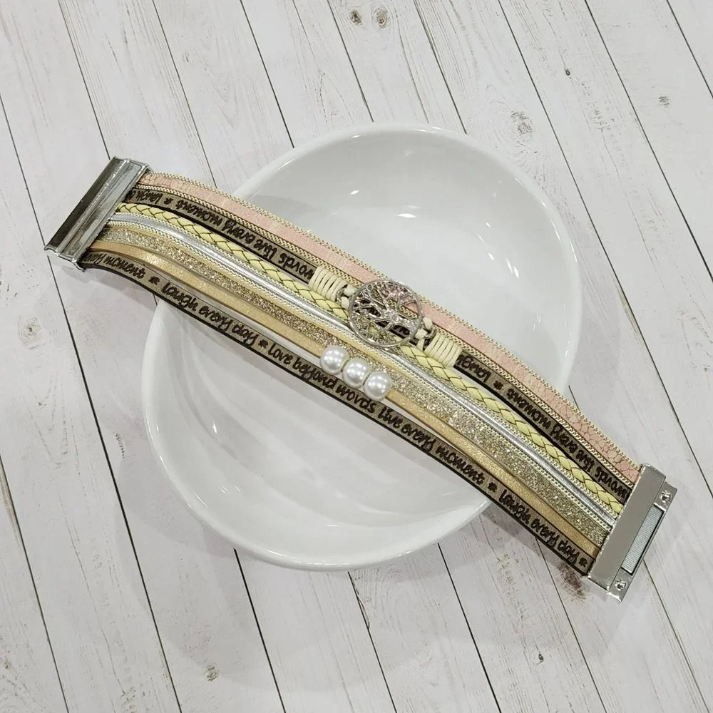 Multilayer Leather Bangle Magnetic‎ Bracelet for Men Or Women 7.5in - Khaki